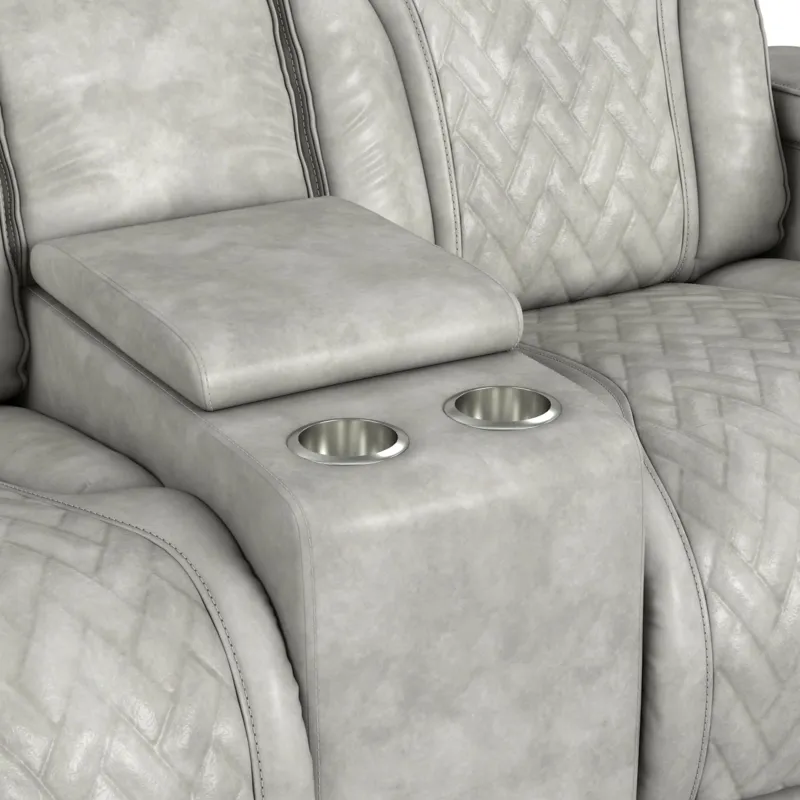 Prime Time P3 Loveseat with Console, 7 Colors LED, Cup Holders and Wireless Charger Controller in Leather Gel Light Grey