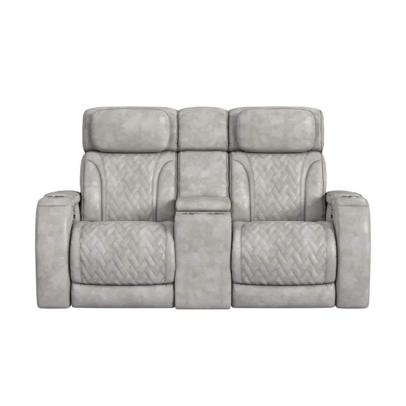 Prime Time P3 Loveseat with LED, wireless charger pocket, and Console in Leather Gel Lite Grey