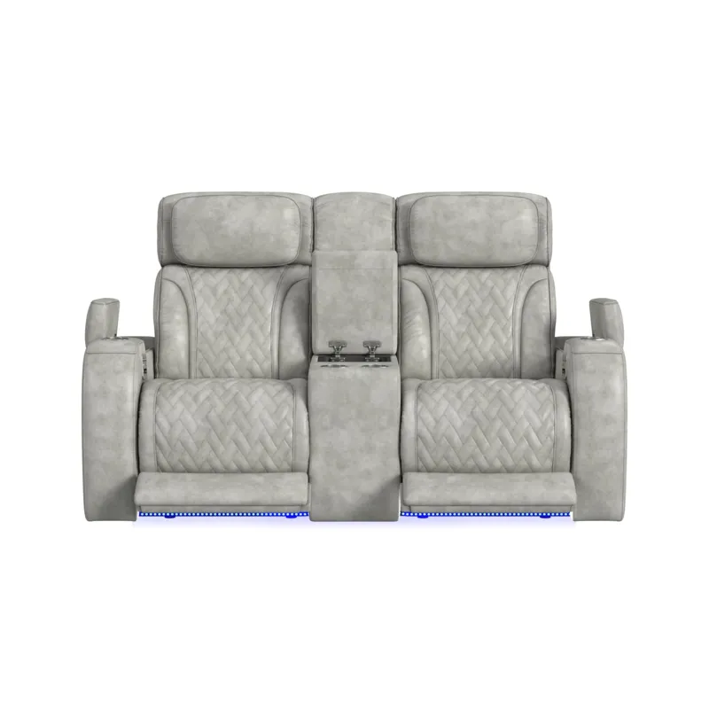 Prime Time P3 Loveseat with LED, wireless charger pocket, and Console in Leather Gel Lite Grey