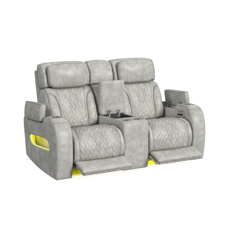 Prime Time P3 Loveseat with Console, 7 Colors LED, Cup Holders and Wireless Charger Controller in Leather Gel Light Grey