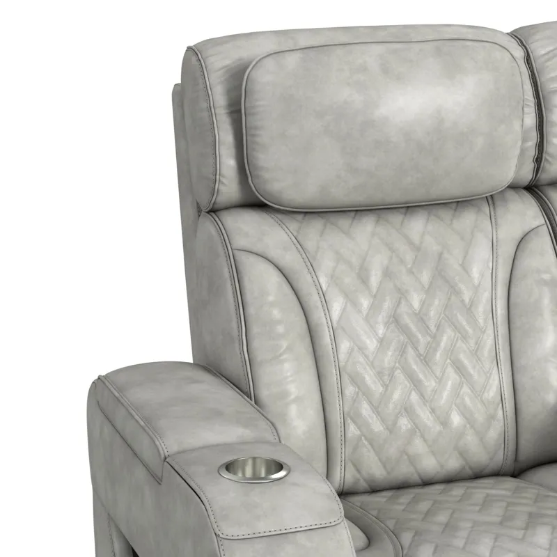 Prime Time P3 Loveseat with Console, 7 Colors LED, Cup Holders and Wireless Charger Controller in Leather Gel Light Grey