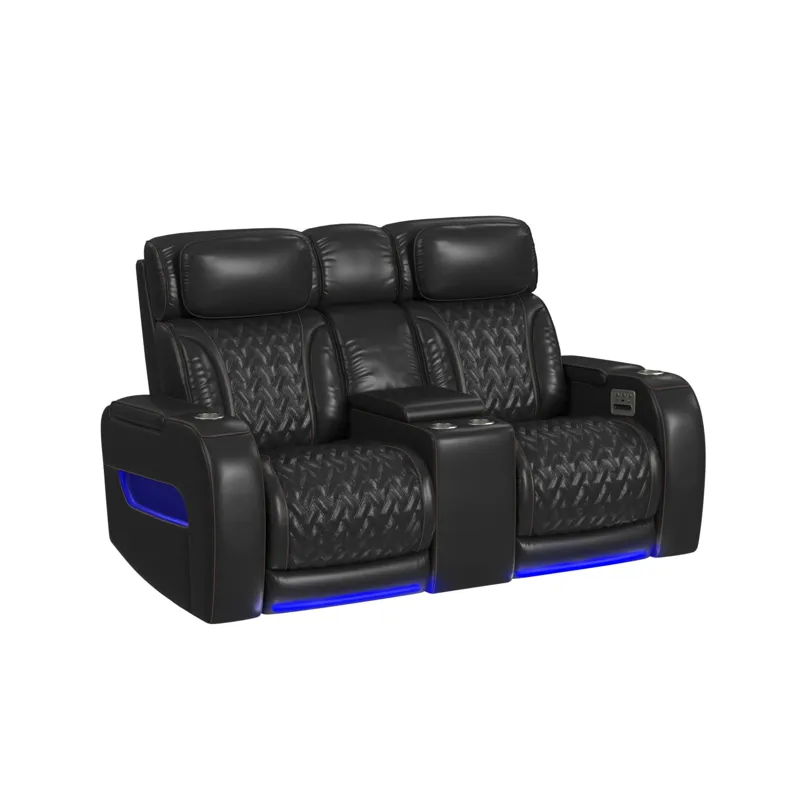 Prime Time P3 Loveseat with LED, wireless charger pocket, and Console in Pebble Black with Red Stitc