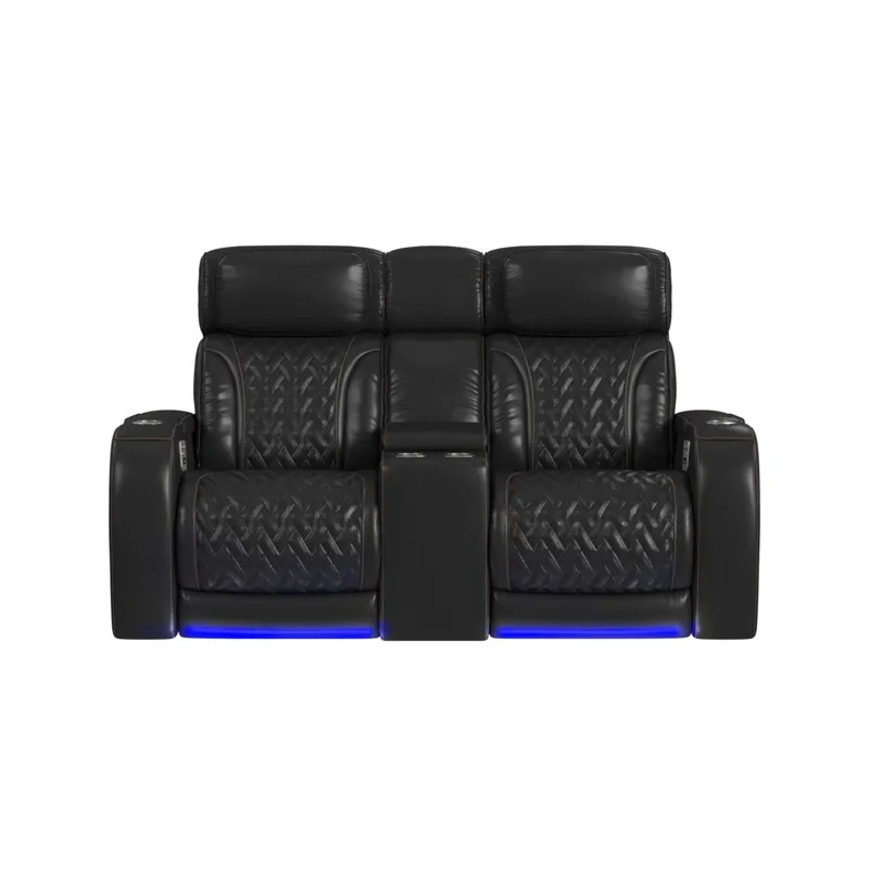 Prime Time P3 Loveseat with LED, wireless charger pocket, and Console in Pebble Black with Red Stitc