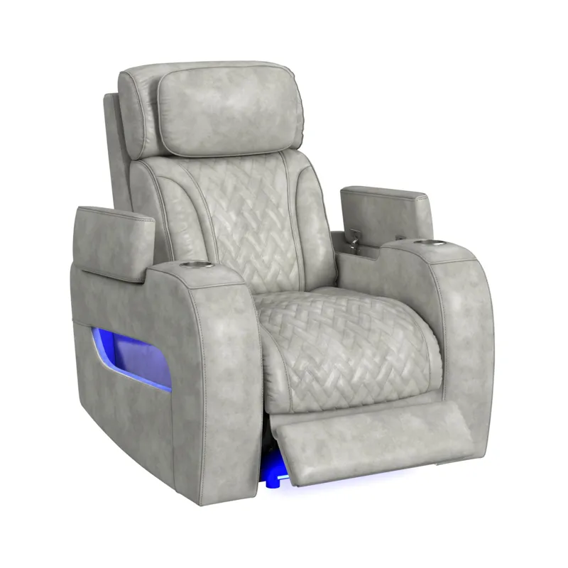 Prime Time P3 Recliner with 7 Colors LED, Cup Holders and Wireless Charger Controller in Leather Gel Light Grey