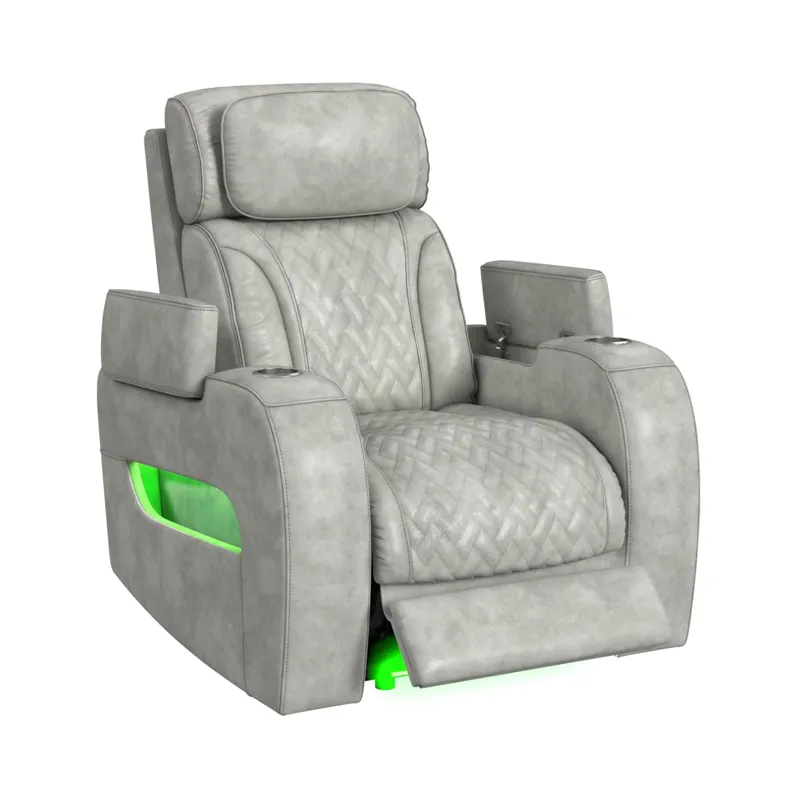 Prime Time P3 Recliner with 7 Colors LED, Cup Holders and Wireless Charger Controller in Leather Gel Light Grey
