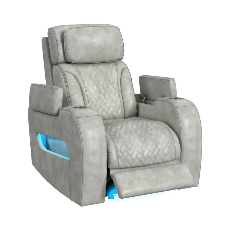 Prime Time P3 Recliner with 7 Colors LED, Cup Holders and Wireless Charger Controller in Leather Gel Light Grey