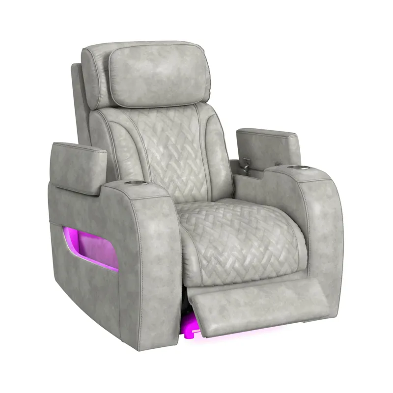 Prime Time P3 Recliner with 7 Colors LED, Cup Holders and Wireless Charger Controller in Leather Gel Light Grey
