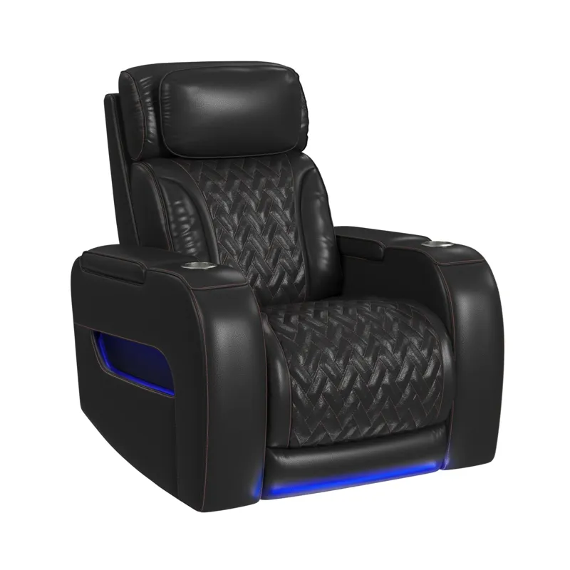 Prime Time P3 Recliner with LED and wireless charger pocket in Jett Black with Red Stitching