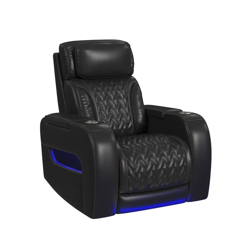 Prime Time P3 Recliner with LED and wireless charger pocket in Pebble Black with Red Stitching