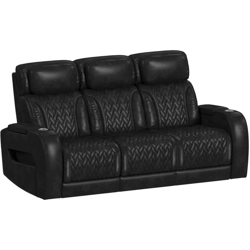 Prime Time P3 Sofa with DDT, 3.0 Table, 7 Colors (LED and Cup Holders), Reading Light, Vibration, Speaker, and Heat Massage in Leather Gel Black