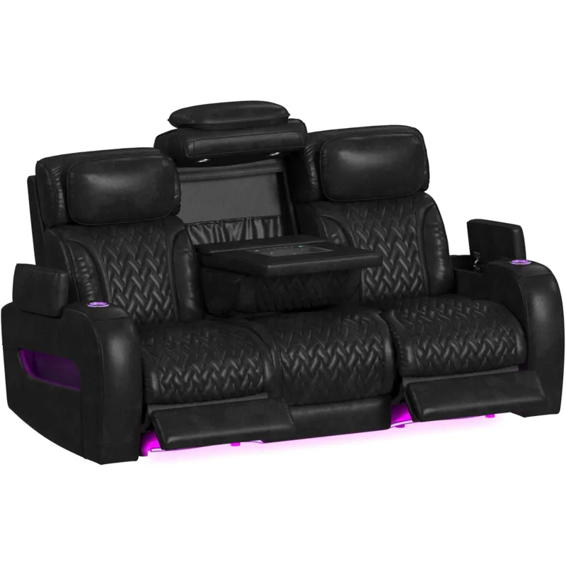 Prime Time P3 Sofa with DDT, 3.0 Table, 7 Colors (LED and Cup Holders), Reading Light, Vibration, Speaker, and Heat Massage in Leather Gel Black