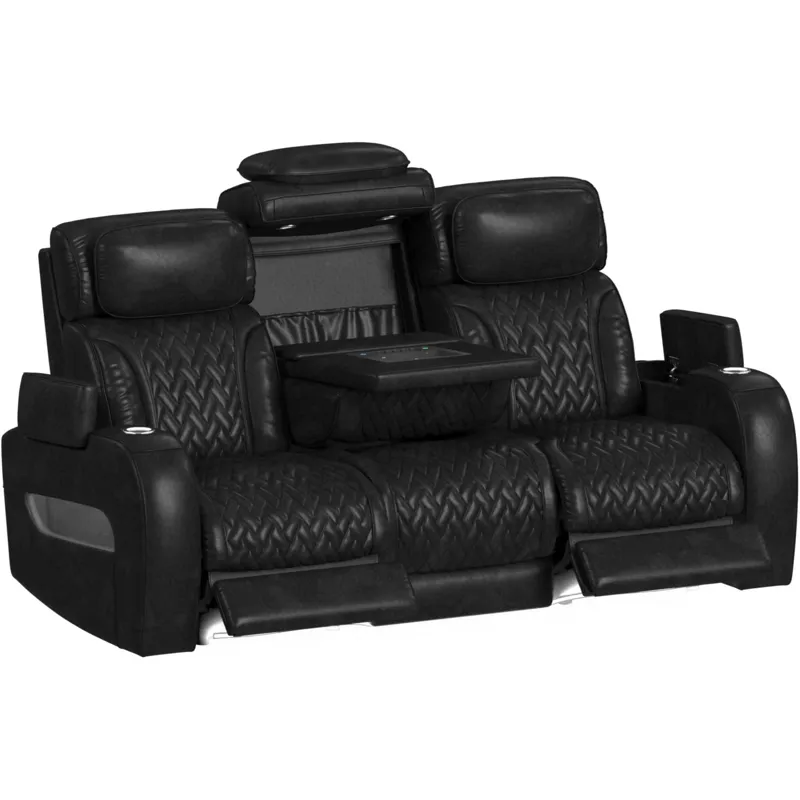 Prime Time P3 Sofa with DDT, 3.0 Table, 7 Colors (LED and Cup Holders), Reading Light, Vibration, Speaker, and Heat Massage in Leather Gel Black