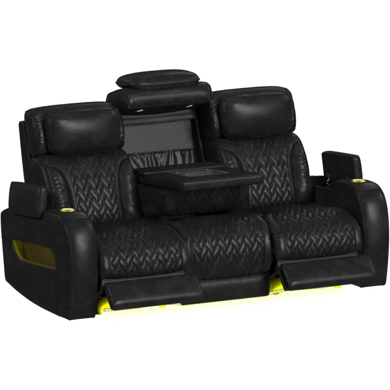 Prime Time P3 Sofa with DDT, 3.0 Table, 7 Colors (LED and Cup Holders), Reading Light, Vibration, Speaker, and Heat Massage in Leather Gel Black