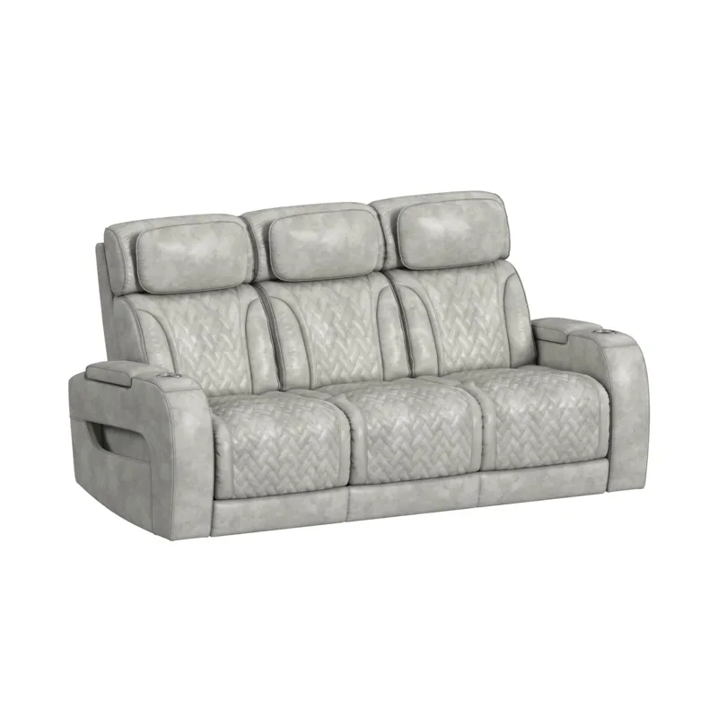 Prime Time P3 Sofa with DDT, 3.0 Table, 7 Colors (LED and Cup Holders), Reading Light, Vibration, speaker, and Heat Massage in Leather Gel Light Grey