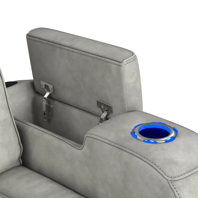 Prime Time P3 Sofa with DDT, 3.0 Table, 7 Colors (LED and Cup Holders), Reading Light, Vibration, speaker, and Heat Massage in Leather Gel Light Grey