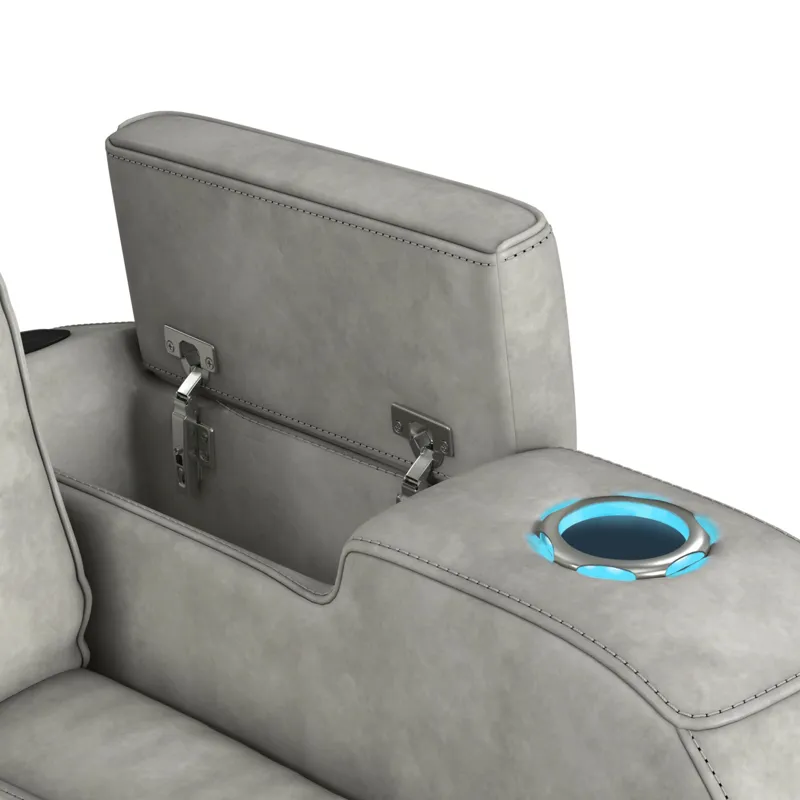 Prime Time P3 Sofa with DDT, 3.0 Table, 7 Colors (LED and Cup Holders), Reading Light, Vibration, speaker, and Heat Massage in Leather Gel Light Grey