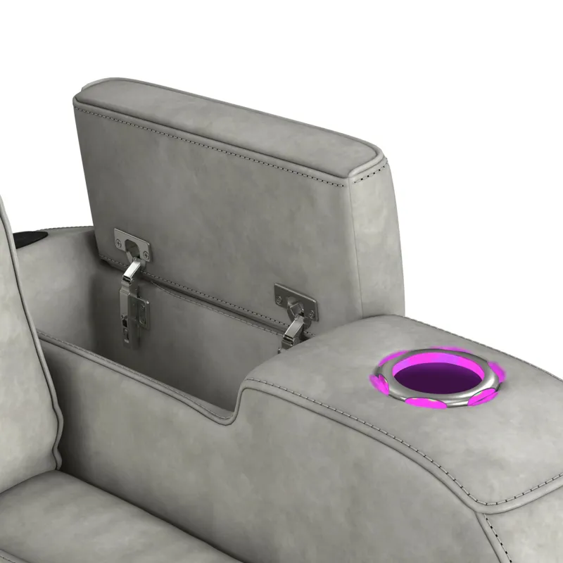 Prime Time P3 Sofa with DDT, 3.0 Table, 7 Colors (LED and Cup Holders), Reading Light, Vibration, speaker, and Heat Massage in Leather Gel Light Grey