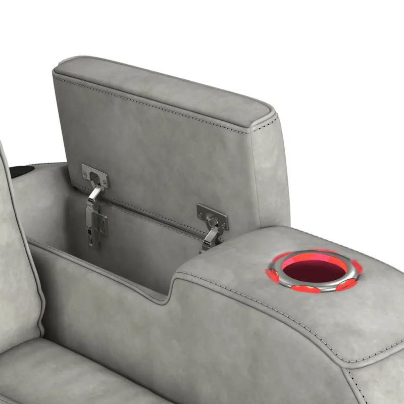 Prime Time P3 Sofa with DDT, 3.0 Table, 7 Colors (LED and Cup Holders), Reading Light, Vibration, speaker, and Heat Massage in Leather Gel Light Grey