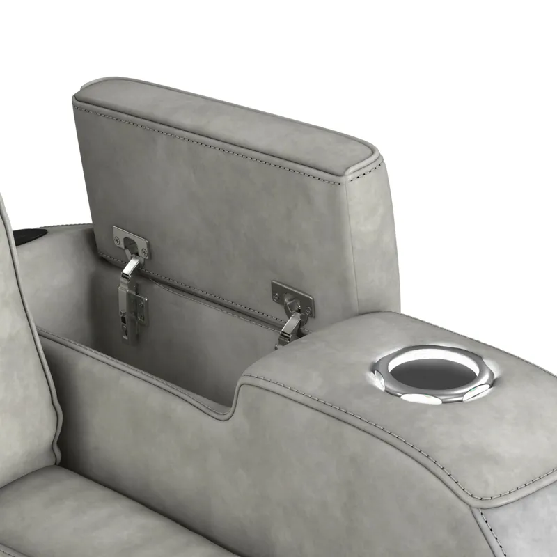 Prime Time P3 Sofa with DDT, 3.0 Table, 7 Colors (LED and Cup Holders), Reading Light, Vibration, speaker, and Heat Massage in Leather Gel Light Grey