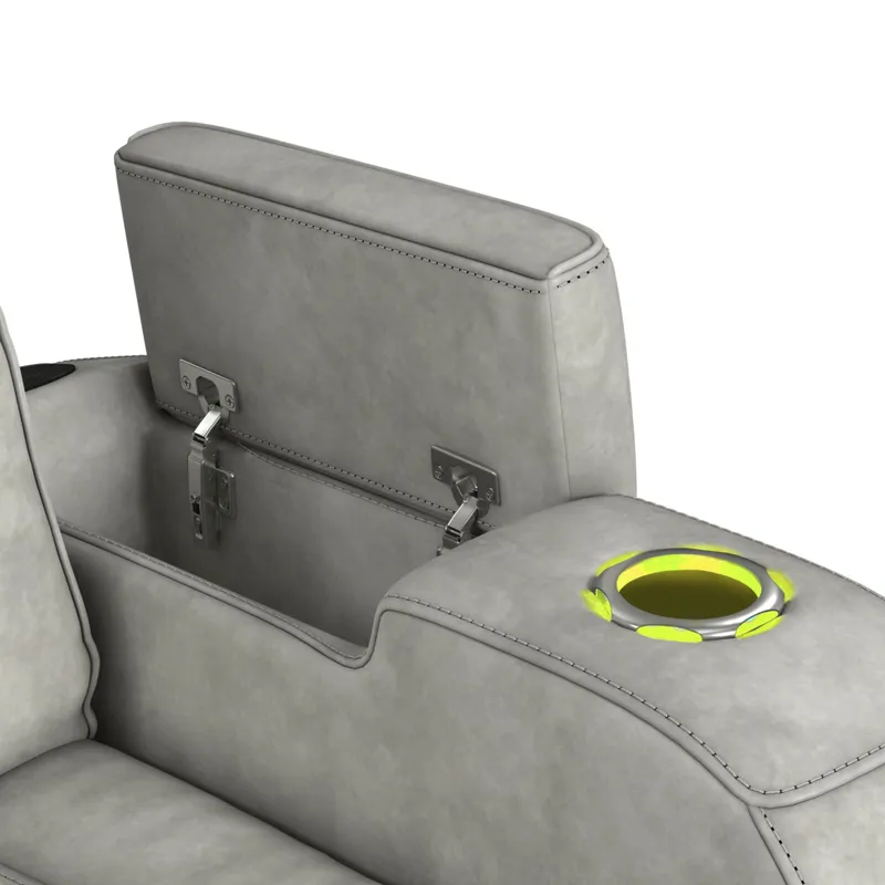 Prime Time P3 Sofa with DDT, 3.0 Table, 7 Colors (LED and Cup Holders), Reading Light, Vibration, speaker, and Heat Massage in Leather Gel Light Grey