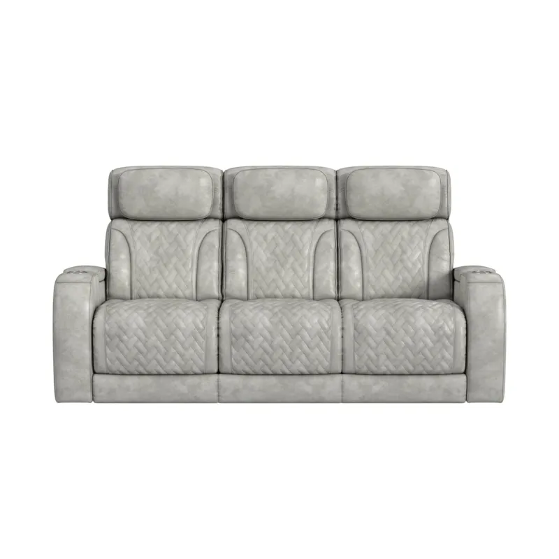 Prime Time P3 Sofa with DDT, 3.0 Table, 7 Colors (LED and Cup Holders), Reading Light, Vibration, speaker, and Heat Massage in Leather Gel Light Grey