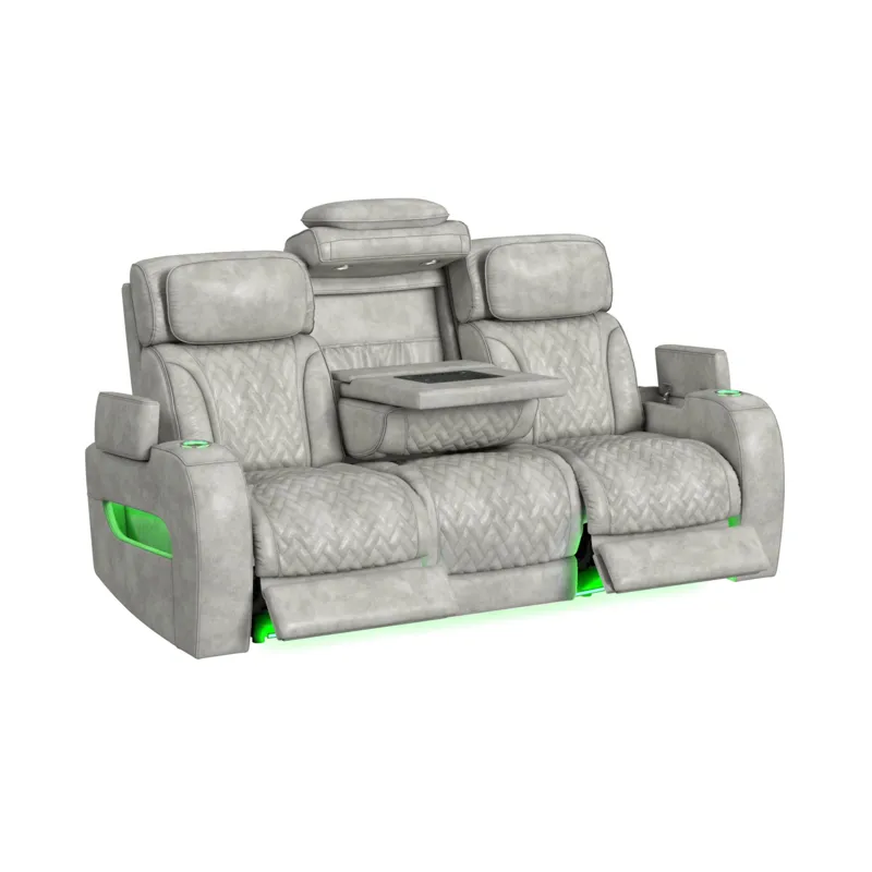 Prime Time P3 Sofa with DDT, 3.0 Table, 7 Colors (LED and Cup Holders), Reading Light, Vibration, speaker, and Heat Massage in Leather Gel Light Grey