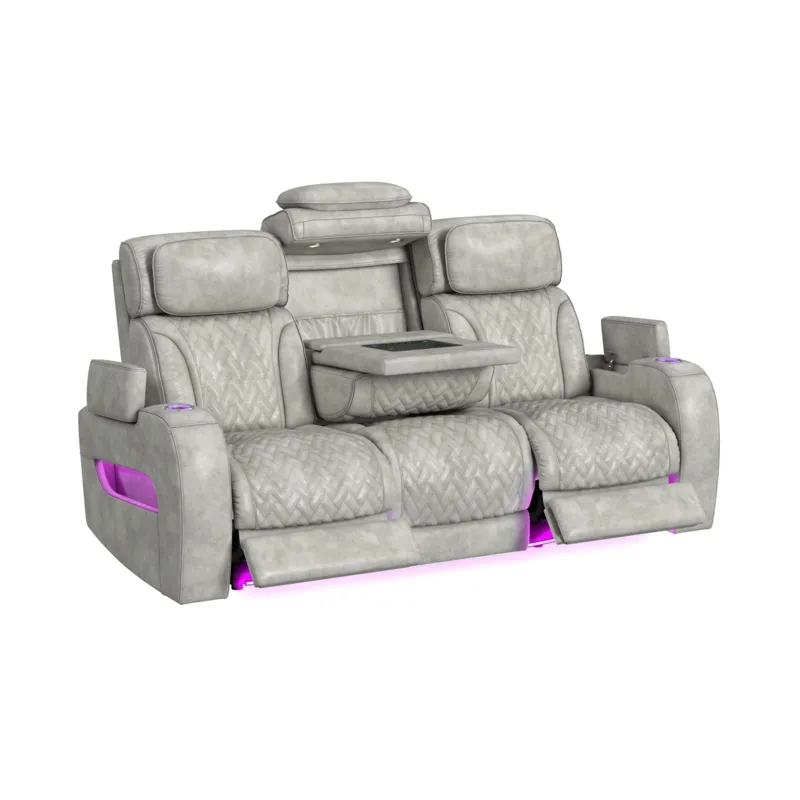 Prime Time P3 Sofa with DDT, 3.0 Table, 7 Colors (LED and Cup Holders), Reading Light, Vibration, speaker, and Heat Massage in Leather Gel Light Grey