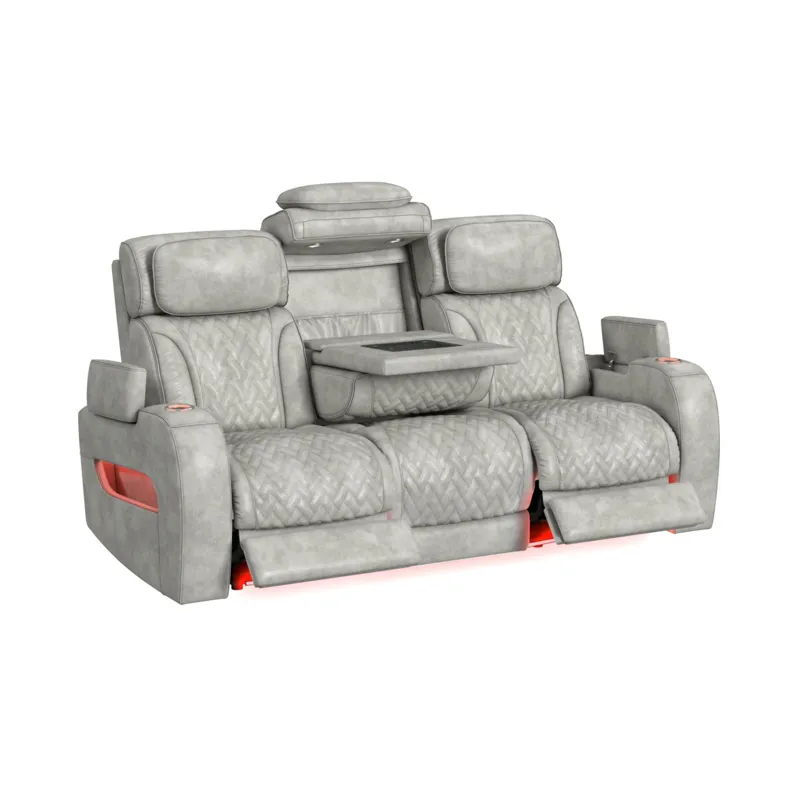 Prime Time P3 Sofa with DDT, 3.0 Table, 7 Colors (LED and Cup Holders), Reading Light, Vibration, speaker, and Heat Massage in Leather Gel Light Grey