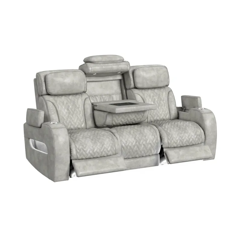 Prime Time P3 Sofa with DDT, 3.0 Table, 7 Colors (LED and Cup Holders), Reading Light, Vibration, speaker, and Heat Massage in Leather Gel Light Grey