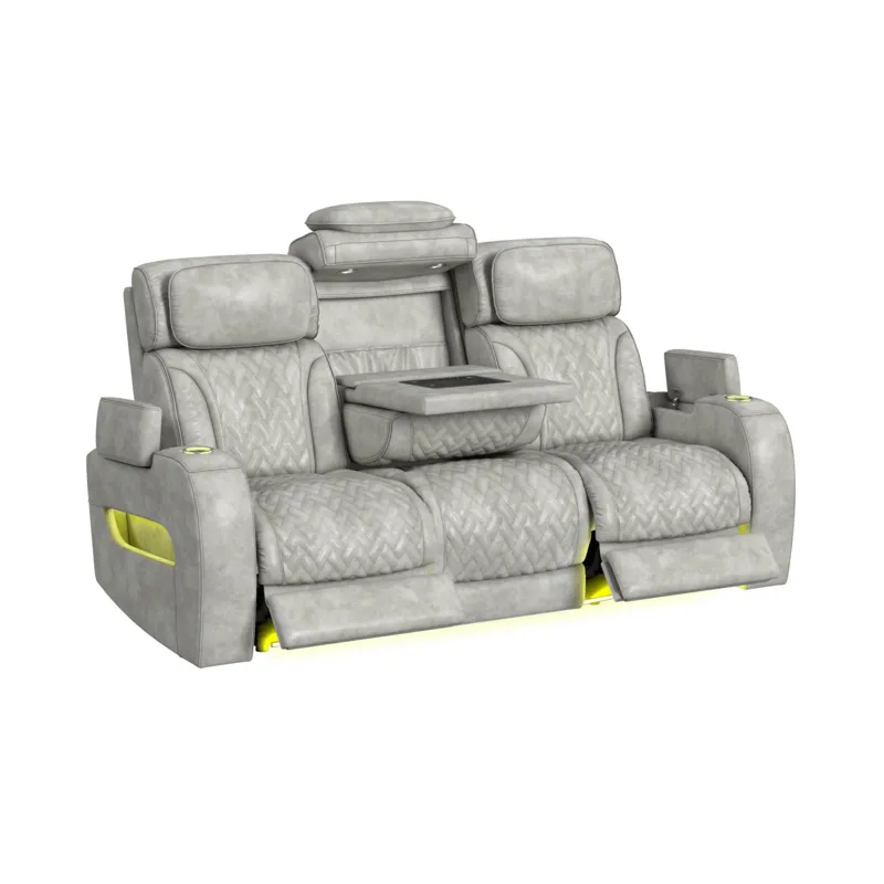 Prime Time P3 Sofa with DDT, 3.0 Table, 7 Colors (LED and Cup Holders), Reading Light, Vibration, speaker, and Heat Massage in Leather Gel Light Grey