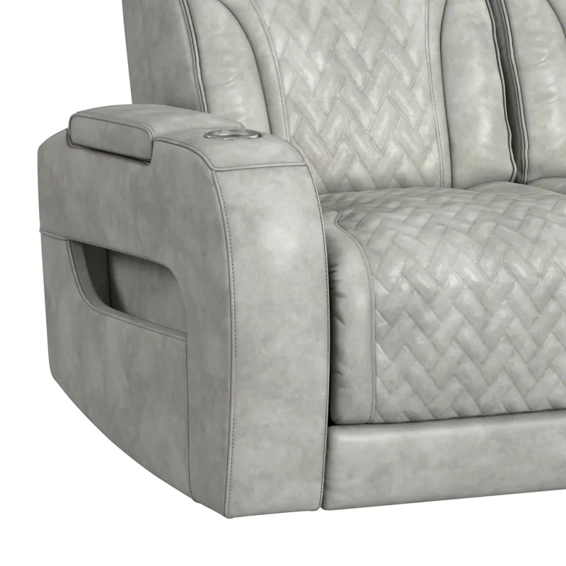 Prime Time P3 Sofa with DDT, 3.0 Table, 7 Colors (LED and Cup Holders), Reading Light, Vibration, speaker, and Heat Massage in Leather Gel Light Grey