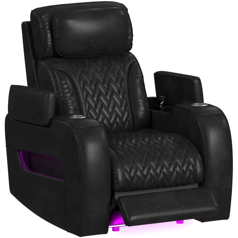 Prime Time P3 Recliner with 7 Colors LED, Cup Holders and Wireless Charger Controller in Leather Gel Black