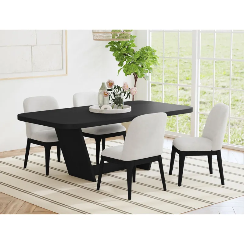 Sylvie Dining Side Chair with White Fabric in Black with Grain