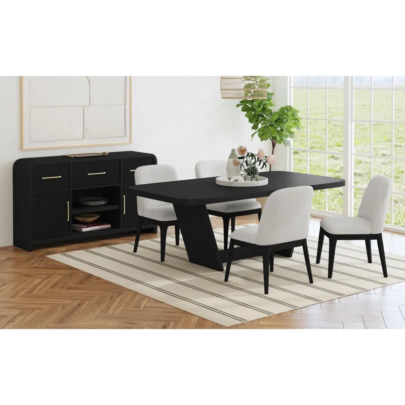 Sylvie Dining Side Chair with White Fabric in Black with Grain