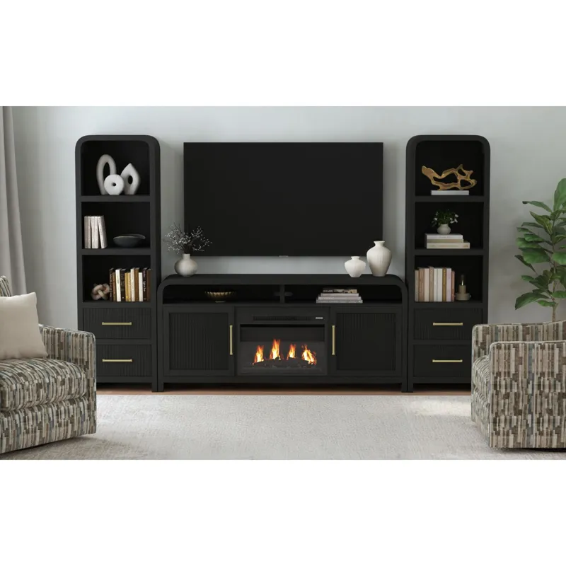 Ridgemont 70\" TV Console in Black with Grain w/23\" Fireplace Insert (All in One Box)