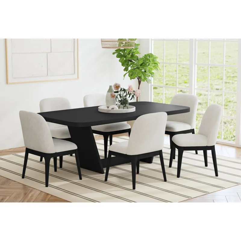 Sylvie Dining Side Chair with White Fabric in Black with Grain