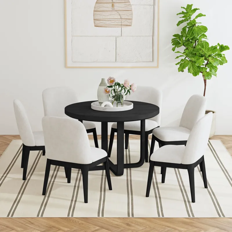 Sylvie Dining Side Chair with White Fabric in Black with Grain