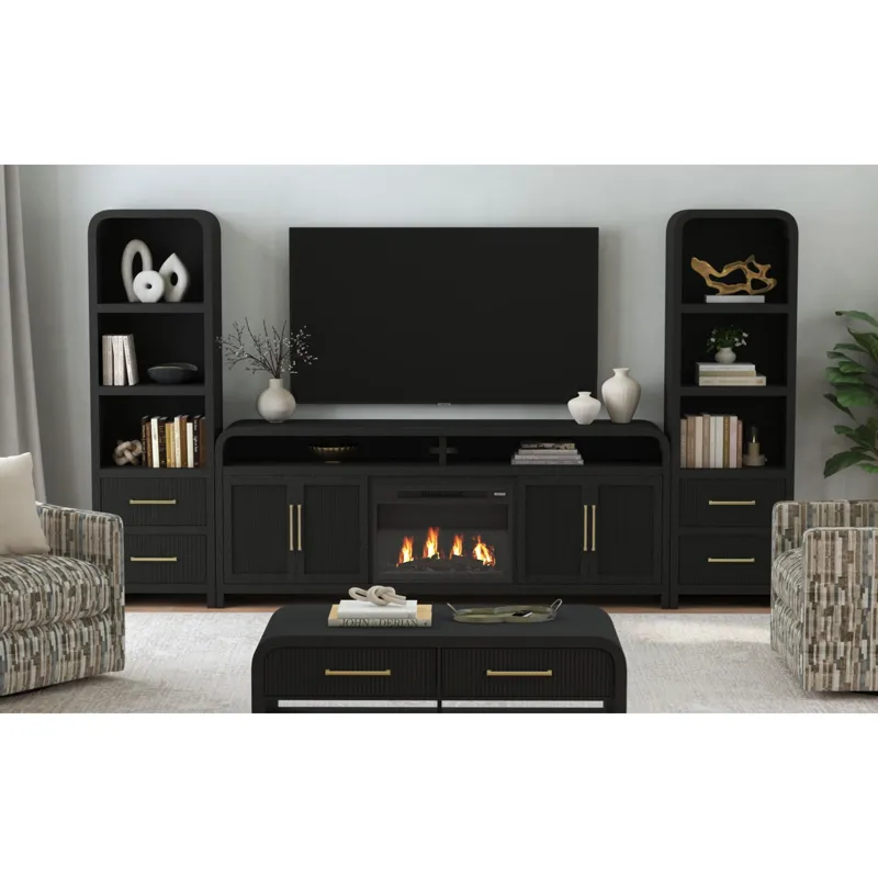 Ridgemont KIT - 82\" TV Console in Black with Grain w/23\" Fireplace Insert (Ships in 2 Boxes)
