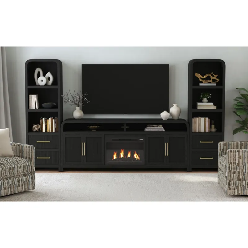 Ridgemont KIT - 82\" TV Console in Black with Grain w/23\" Fireplace Insert (Ships in 2 Boxes)
