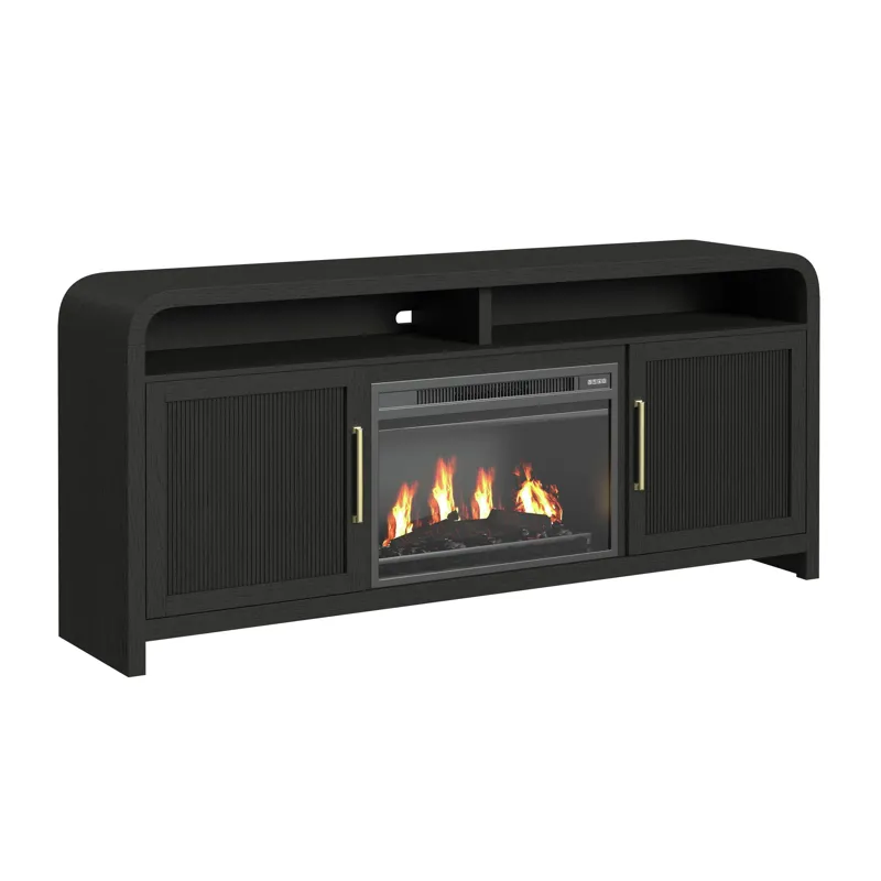 Ridgemont 70\" TV Console in Black with Grain w/23\" Fireplace Insert (All in One Box)