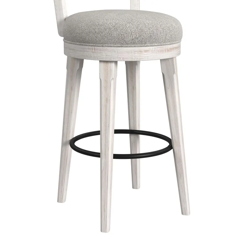 Rogen Rustic Swivel Bar Stool with Grey Fabric in Rustic White (2 Per Carton)