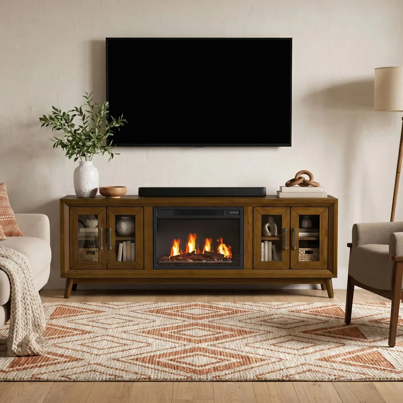 Santa Barbara KIT - 70" TV Console in Walnut w/23" Fireplace Insert (Ships in 2 Boxes)