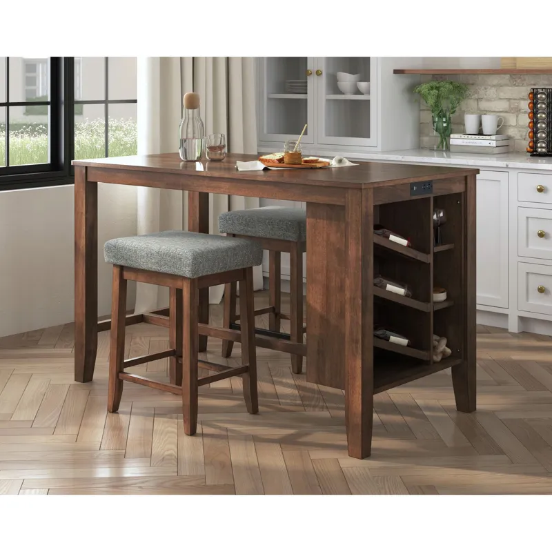 Santa Barbara Kitchen Island & 2 Counter Stools with Dark Grey Fabric in Walnut
