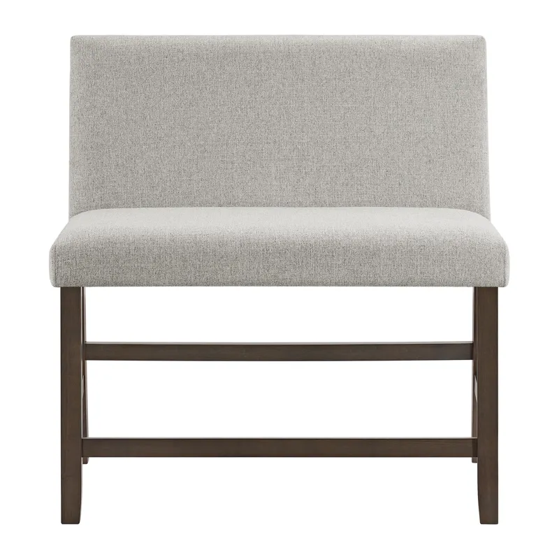 Seneca Counter Bench with Upholstered Back and Grey Fabric in Brown
