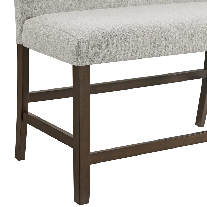 Seneca Counter Bench with Upholstered Back and Grey Fabric in Brown