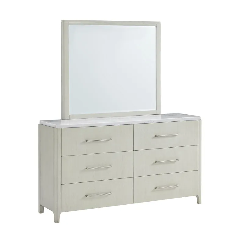 South Beach Dresser & Mirror Set with Marble Top in Almond White