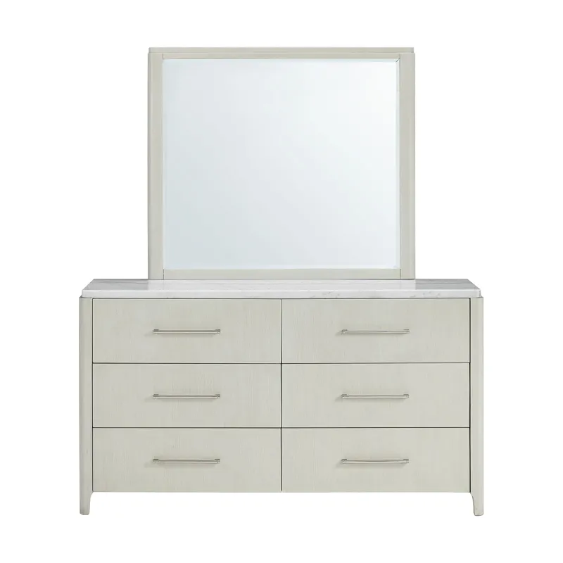 South Beach Dresser & Mirror Set with Marble Top in Almond White