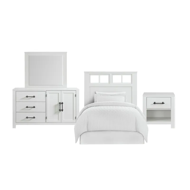 St. Regis Bedroom Set with Twin Headboard, Dresser, Mirror and Nightstand in White