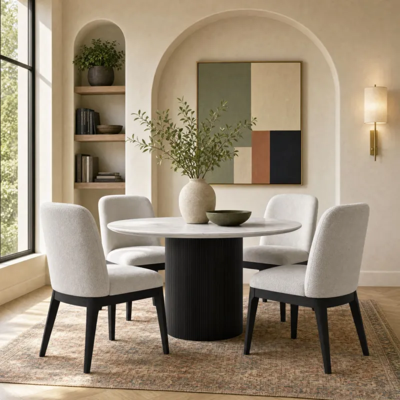 Sylvie Dining Side Chair with White Fabric in Black with Grain