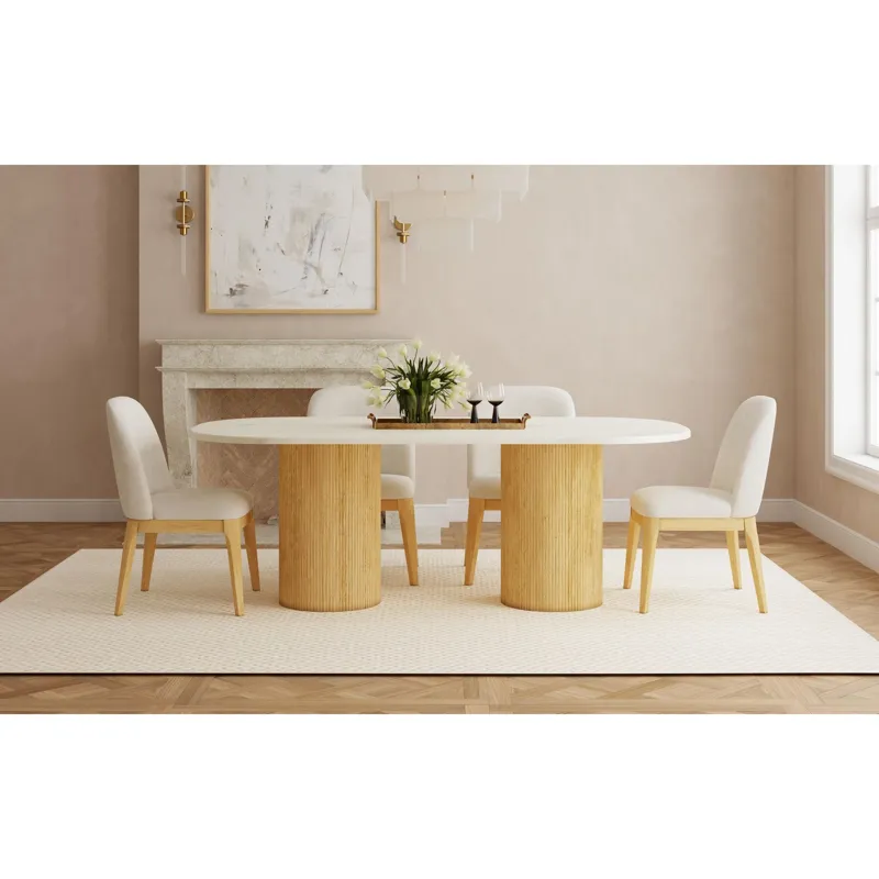 Sylvie Oval Dining Table with White Faux Marble Top in Natural